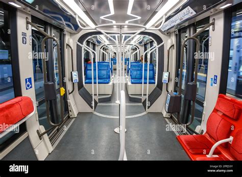 Interior of a modern Alstom Citadis X05 light rail tram on line T9 ...