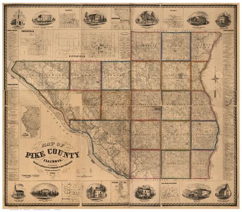 Pike County Illinois 1860 Old Wall Map with Landowner Names