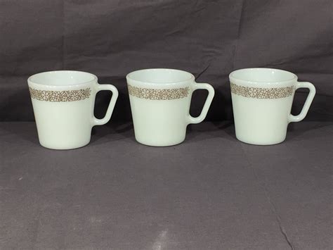 Vintage Pyrex Coffee Mugs (3), Woodland D Handle Cups, 1410 White ...