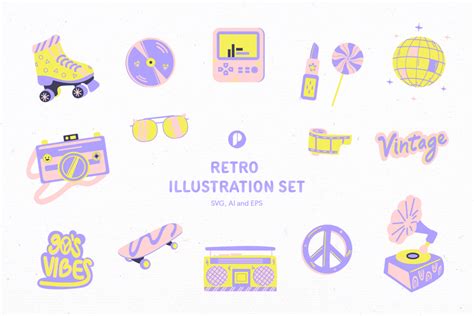 Funky Retro Items Illustration Set Design Templates - Peterdraw Studio