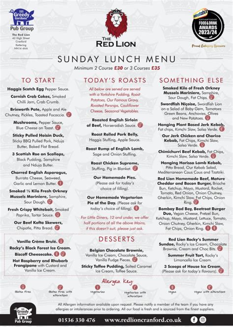 Food and drink menus at The Red Lion | The Red Lion Cranford