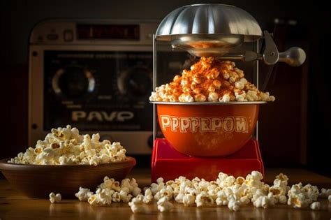 Premium AI Image | a bowl of popcorn next to a microwave that says ...