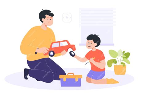 Premium Vector | Father and son fixing broken toy car flat vector ...