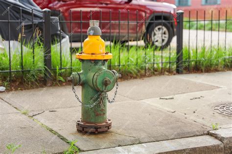 Premium Photo | A green fire hydrant with a yellow top and a red car ...