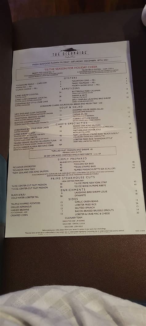 Menu at The Oceanaire Seafood Room restaurant, Dallas