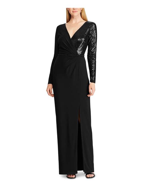 RALPH LAUREN Womens Black Sequined Long Sleeve V Neck Maxi Evening Wrap ...