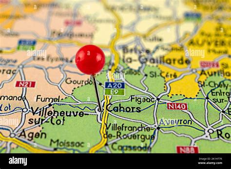 Cahors map. Close up of Cahors map with red pin. Map with red pin point ...