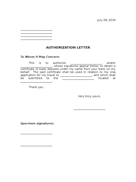 Authorization Letter: Specimen signatures