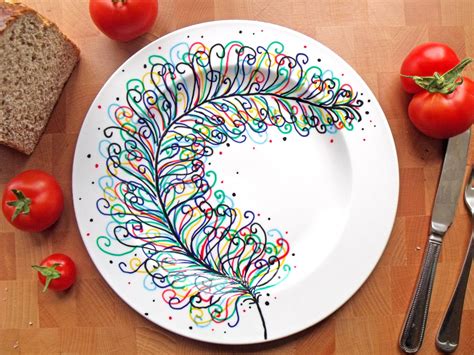 Hand Painted Porcelain Dinner Plate - Rainbow Feather - White Ceramic ...