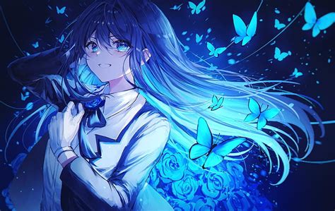 Butterflies, anime girl, blue, wings, pretty, anime, cute, long hair ...