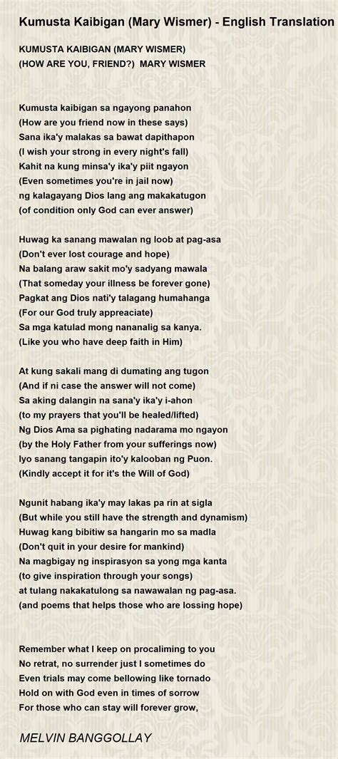 Kumusta Kaibigan (Mary Wismer) -English Translation - Kumusta Kaibigan ...