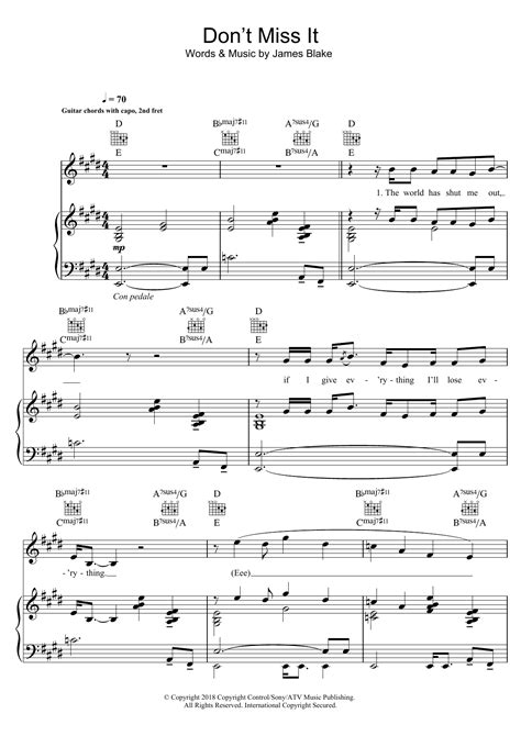 Don't Miss It Sheet Music | James Blake | Piano, Vocal & Guitar Chords