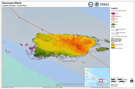 Map composite showing hurricane María trajectory, the extent of the ...