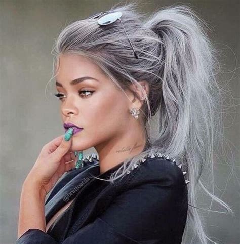 Rihanna silver white hair | Grey hair color, Messy ponytail hairstyles ...