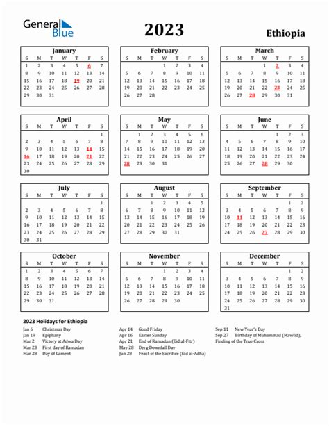 2023 Ethiopia Calendar with Holidays