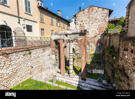 The ruins of the Roman Forum in Brescia, Italy, in the center of the ...