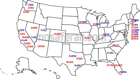 Unites States major international airports USA map - mosaferan