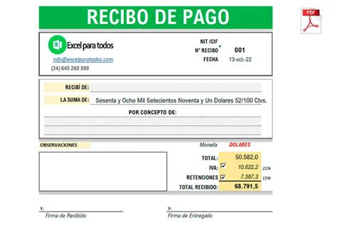 Formato de Recibo de Pago en Excel y PDF - Descarga Gratis