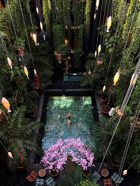 an aerial view of a pool surrounded by greenery and hanging lanterns ...