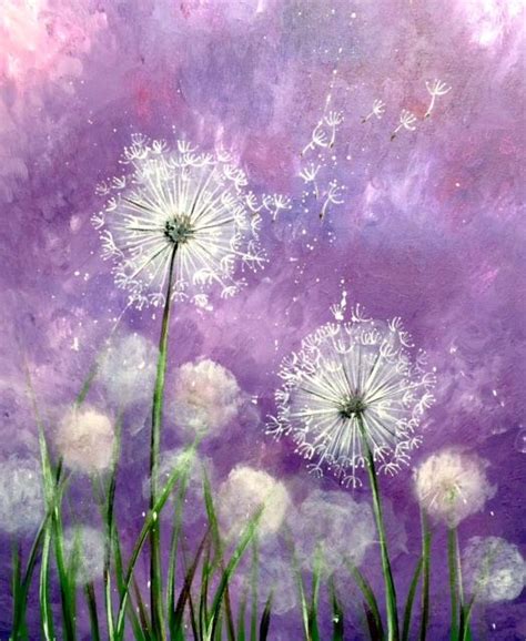 a painting of dandelions with purple sky in the background