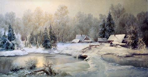 outdoor snow scene | An oil painting | snow, river, forest, winter ...