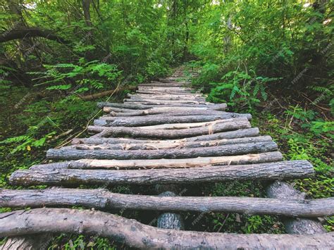 Premium Photo | The bridge of wooden logs straight bridge simple ...