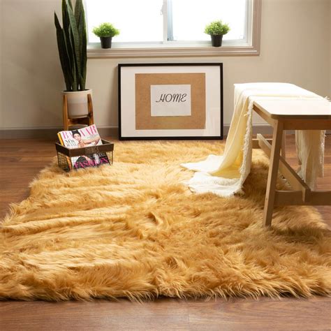 Super Area Rugs Serene Silky Faux Fur Fluffy Shag Rug Light Brown 6' x ...