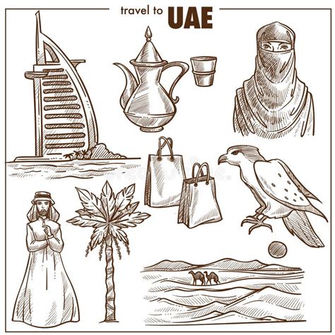 Arab Emirates UAE Travel Tourism Landmarks and Culture Vector Icons Set ...