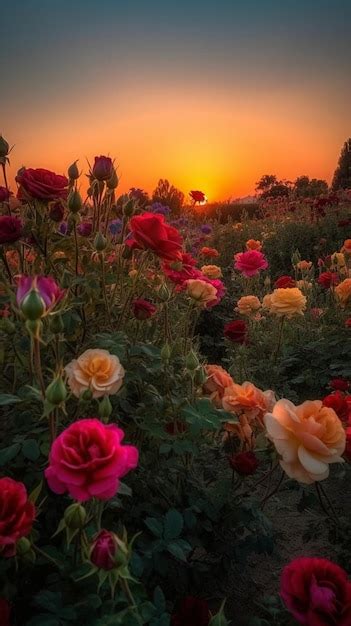 Premium AI Image | A field of roses at sunset