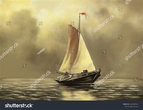 Paintings Sea Landscape Sailing Ship Sunset Stock Illustration ...