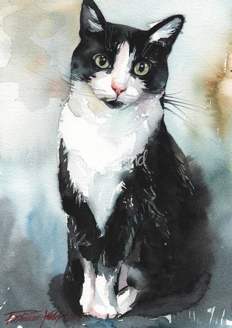 a painting of a black and white cat