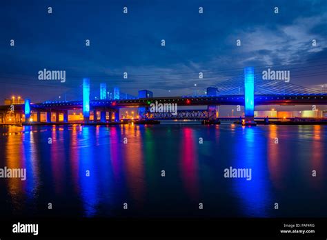 The Pearl Harbor Memorial Bridge at night in New Haven, Connecticut ...