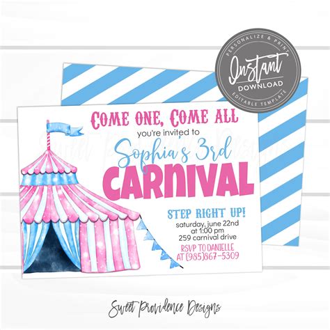 Carnival Invitations, Pink Carnival Theme Party, Girl Circus Birthday ...