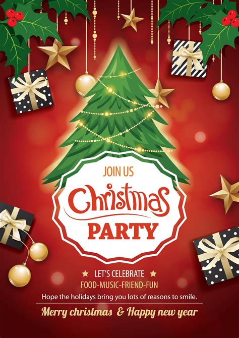 Merry christmas party and tree on red background invitation theme ...