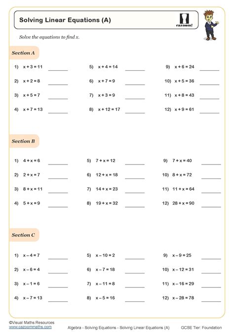 Solving Linear Equations (A) Worksheet | Cazoom Maths Worksheets