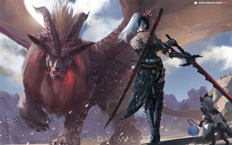 Teostra Showdown - Monster Hunter World HD Wallpaper by Wang Ling