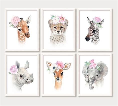 Girl Nursery Wall Art Safari Baby Animals with Flower Crown | Etsy