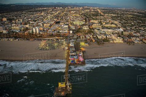 Aerial view of Santa Monica Pier in Los Angeles cityscape, California ...