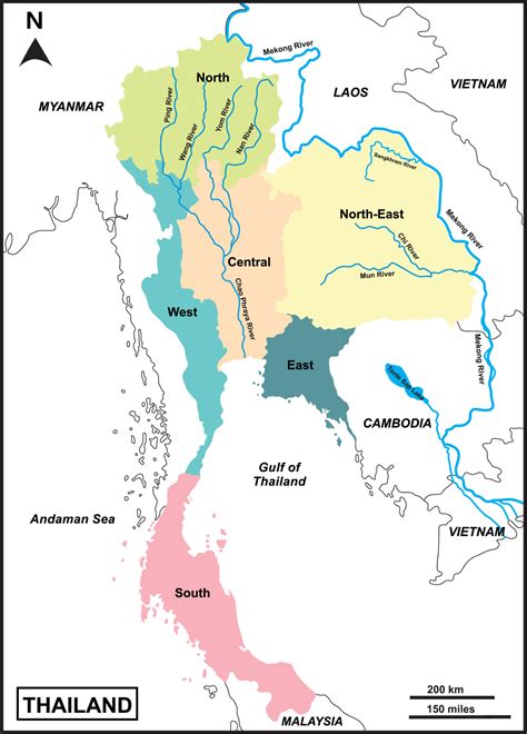 Map of Thailand includes regions Mekong River, Mun, Chi, Chao Phraya ...