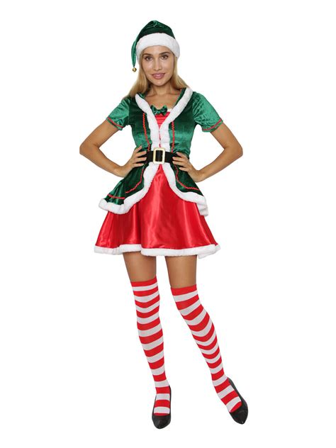 Lady's Christmas Elf Costume Adult Santa's Helper Halloween Cosplay ...