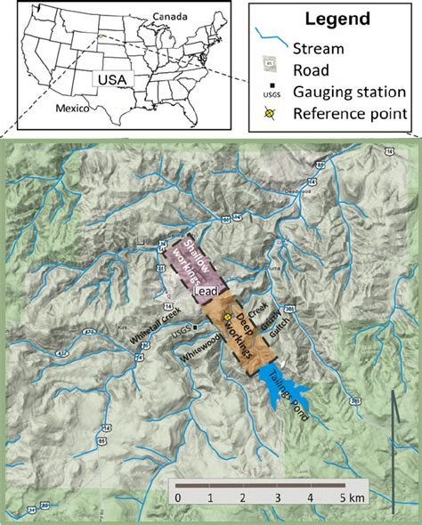 Mine workings projected onto map of the vicinity of Lead, SD. Yellow ...