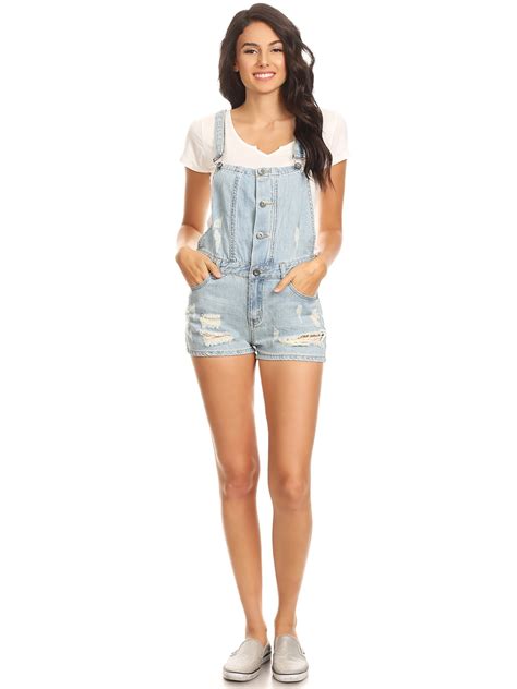 Summer Juniors Distressed Ripped Denim Jean Short Overalls For Women ...