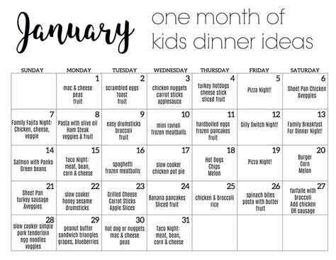 31 Days of Meal Ideas for Kids: January Kids Dinner Calendar - The ...