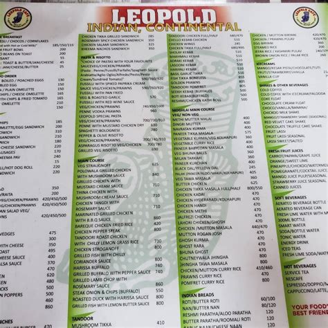 Menu at Leopold Cafe, Mumbai, Police Station