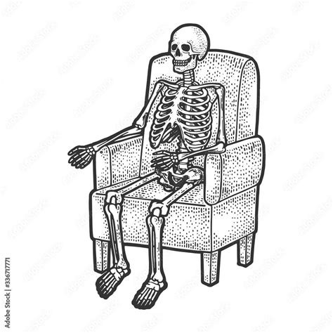 human skeleton is sitting in armchair sketch engraving vector ...