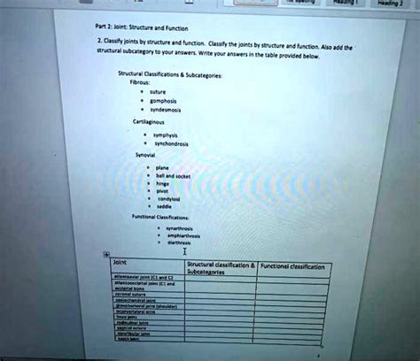 SOLVED: Text: Classify the joints in their class Heading Part 2: Joint ...