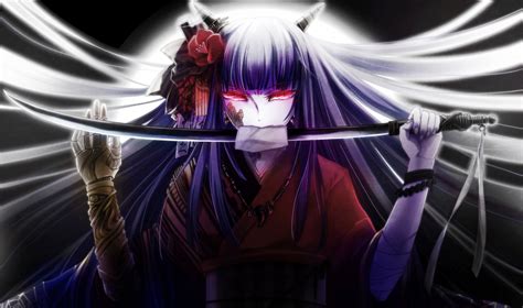 Purple haired demon girl with sword anime character HD wallpaper ...