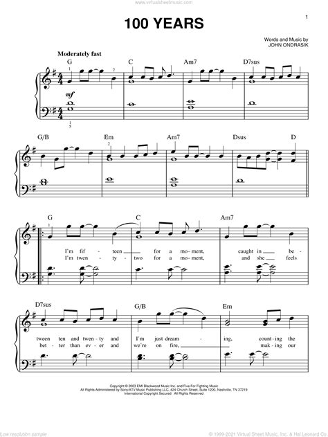 Fighting - 100 Years, (easy) sheet music for piano solo [PDF]