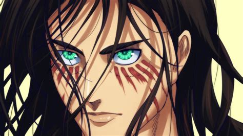 Attack Of Titan Eren Yeager With Green Eyes And Black Hair With Yellow ...