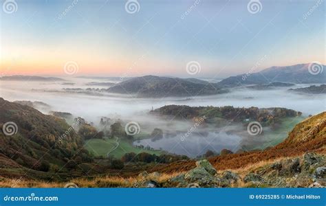 Ethereal Autumn Sunrise Over the Langdale Valley, Lake District Stock ...